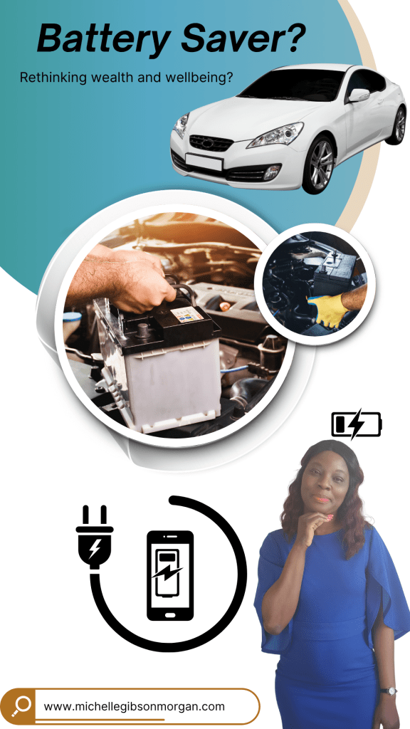 Collage of images with a car, car battery, cellphone with charger and Michelle thinking about a battery without charge